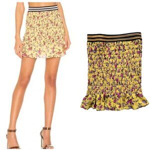 For Love & Lemons Yellow Smocked Floral Odette Mini Skirt Small